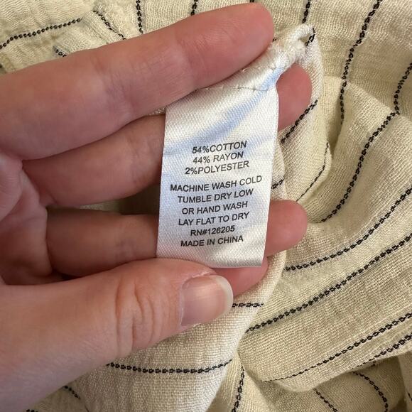 Joie Striped Tassel Tie Top Womens M Ivory Black V-Neck Short Sleeve Blouse - Picture 6 of 7